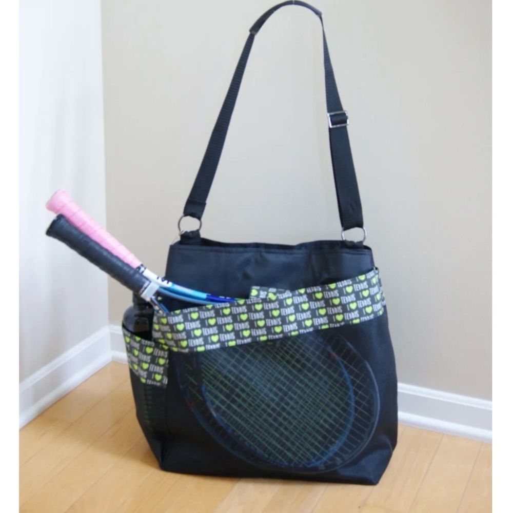 Bonjour Tennis Racket Tote Bag Canvas Large Sports Black Green Tennis Print